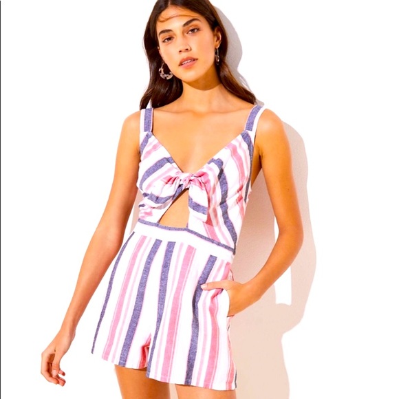 Ann Taylor LOFT BEACH Size XS linen shorts romper tie cutout striped NWT - Picture 1 of 3